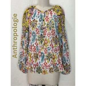Anthropologie Boho Ikat Print Peplum Blouse Balloon Sleeve Multicolor Top